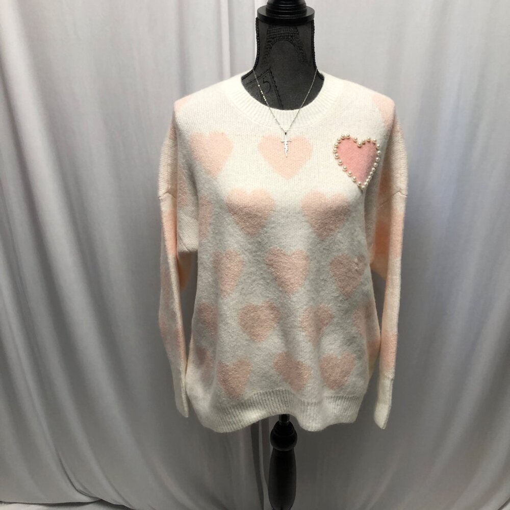 Vince Camuto Pearl Heart Sweater Womens Size Large Cream Pink Soft Coquette NEW